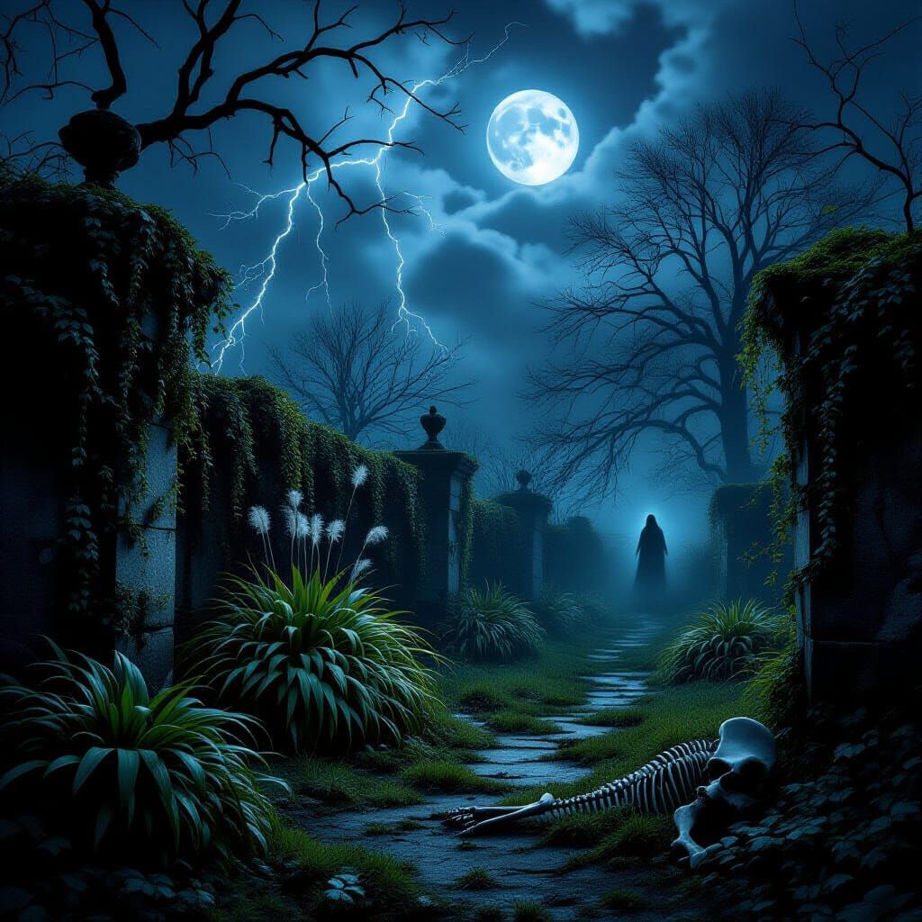Creepy Abandoned Garden Under Stormy Moonlight
