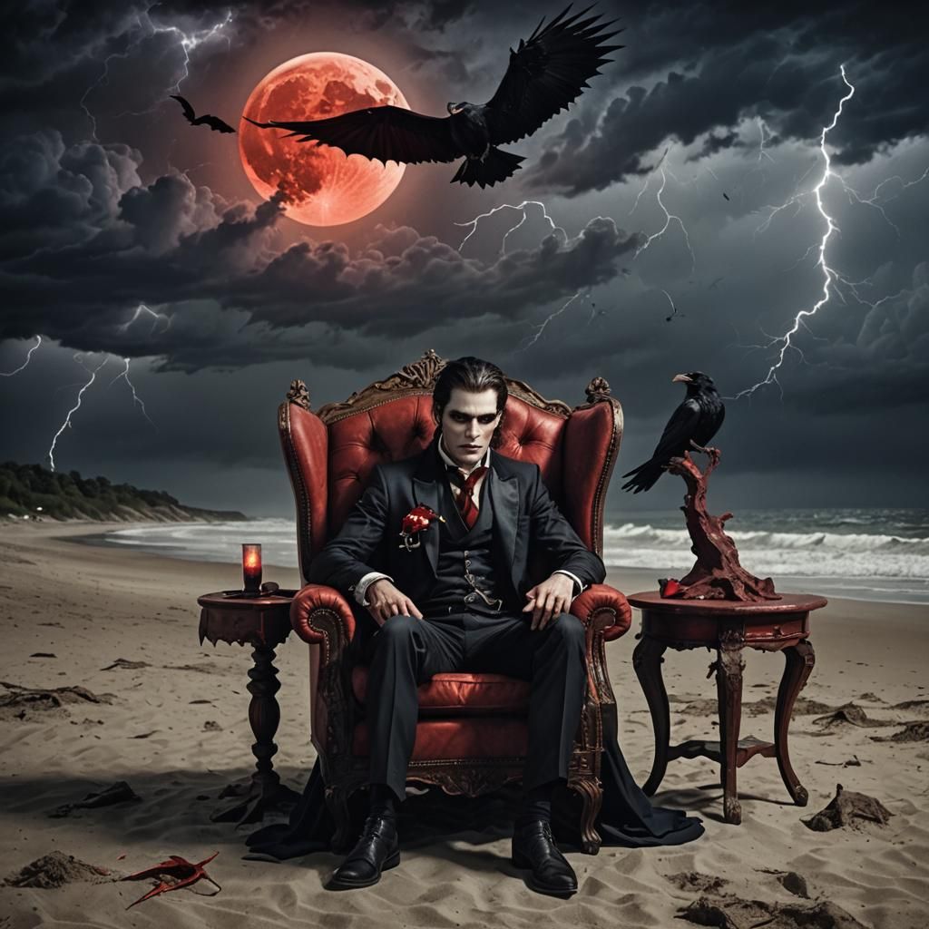 Vampire on Beach Under Stormy Red Moon