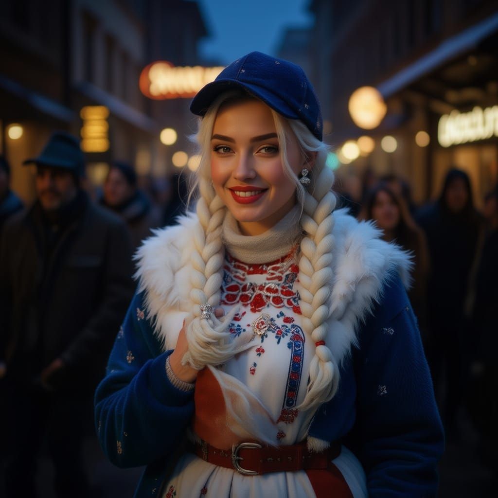 Russian Girl in Kokoshnik with White Braid