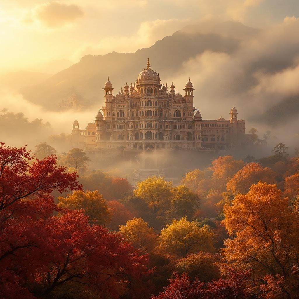 Jaipur Palace in Autumnal Landscape, Digital Matte Painting