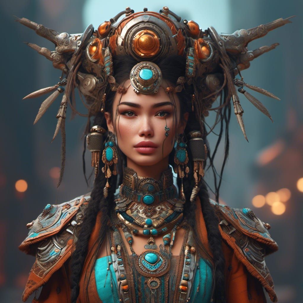 Cyberpunk Turkic Shaman with Cyborg Enhancements