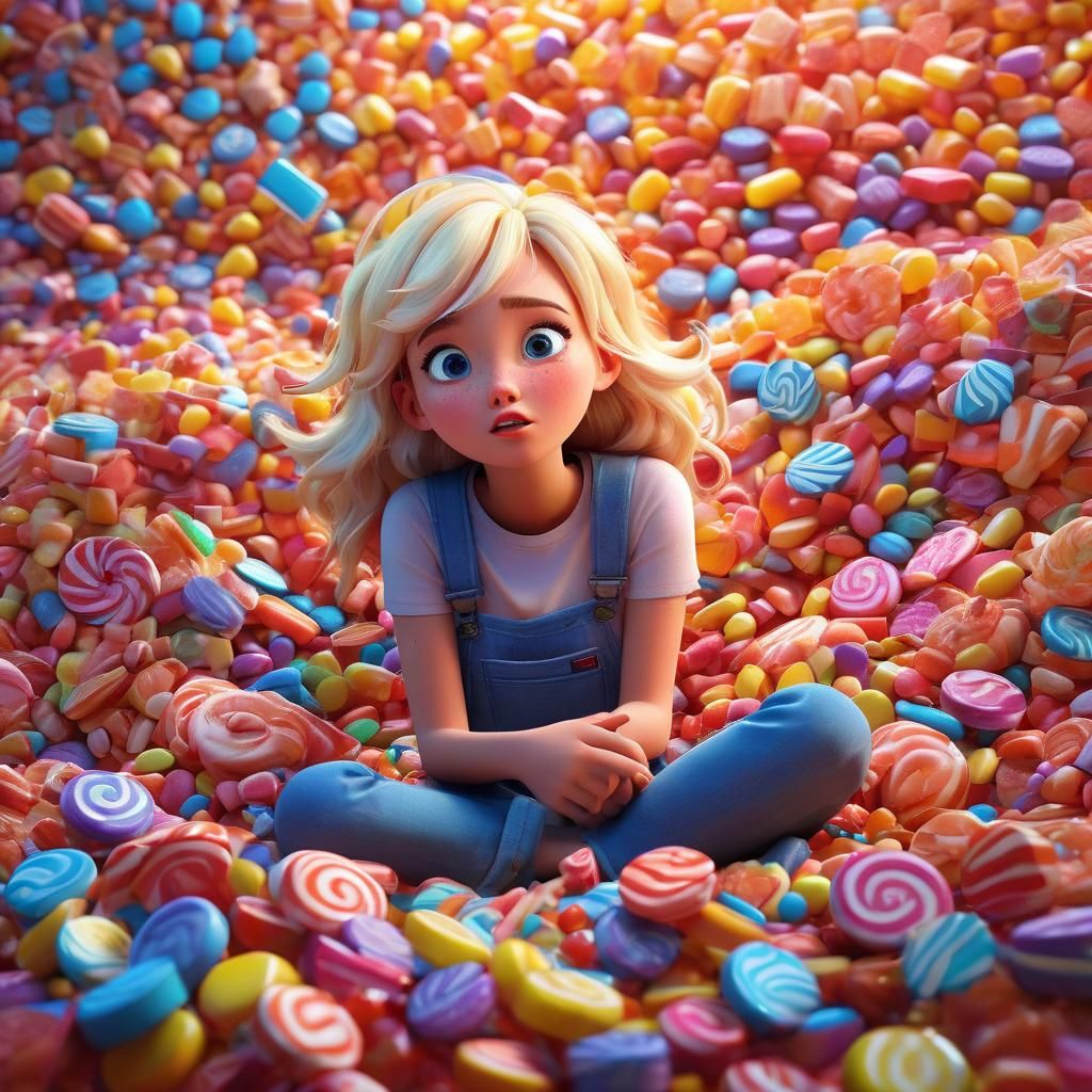 Girl Overwhelmed by Candy: Pixar-Inspired 3D Art