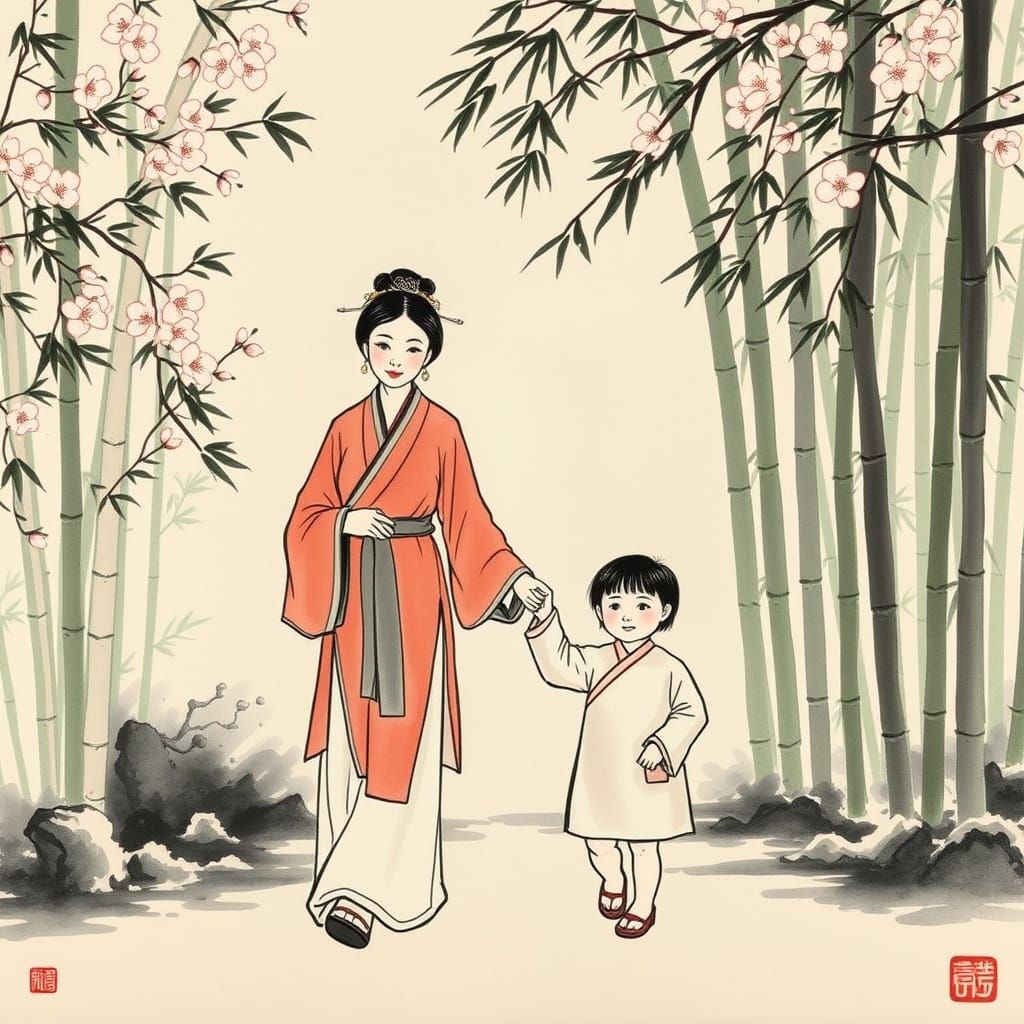 Traditional Chinese Mother and Child in Serene Garden, Song ...