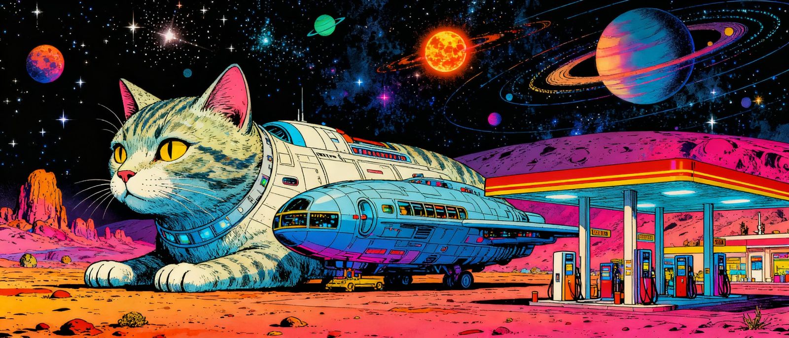Cat Spaceship at Alien Petrol Station, Cosmic Background