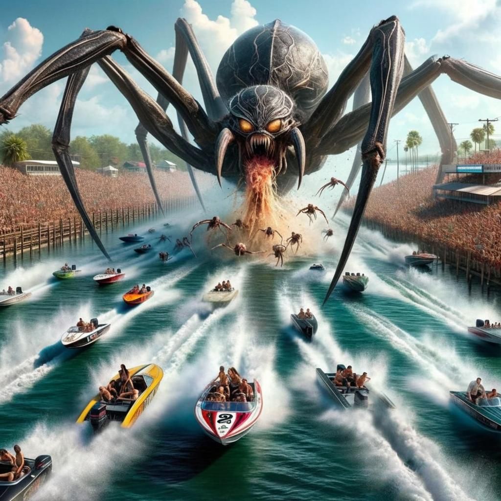 Colossal Spider Monster Disrupts Speedboat Race