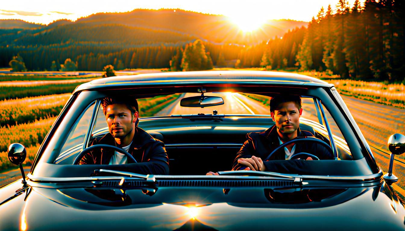 Cinematic Sunset Drive with Happy Travelers