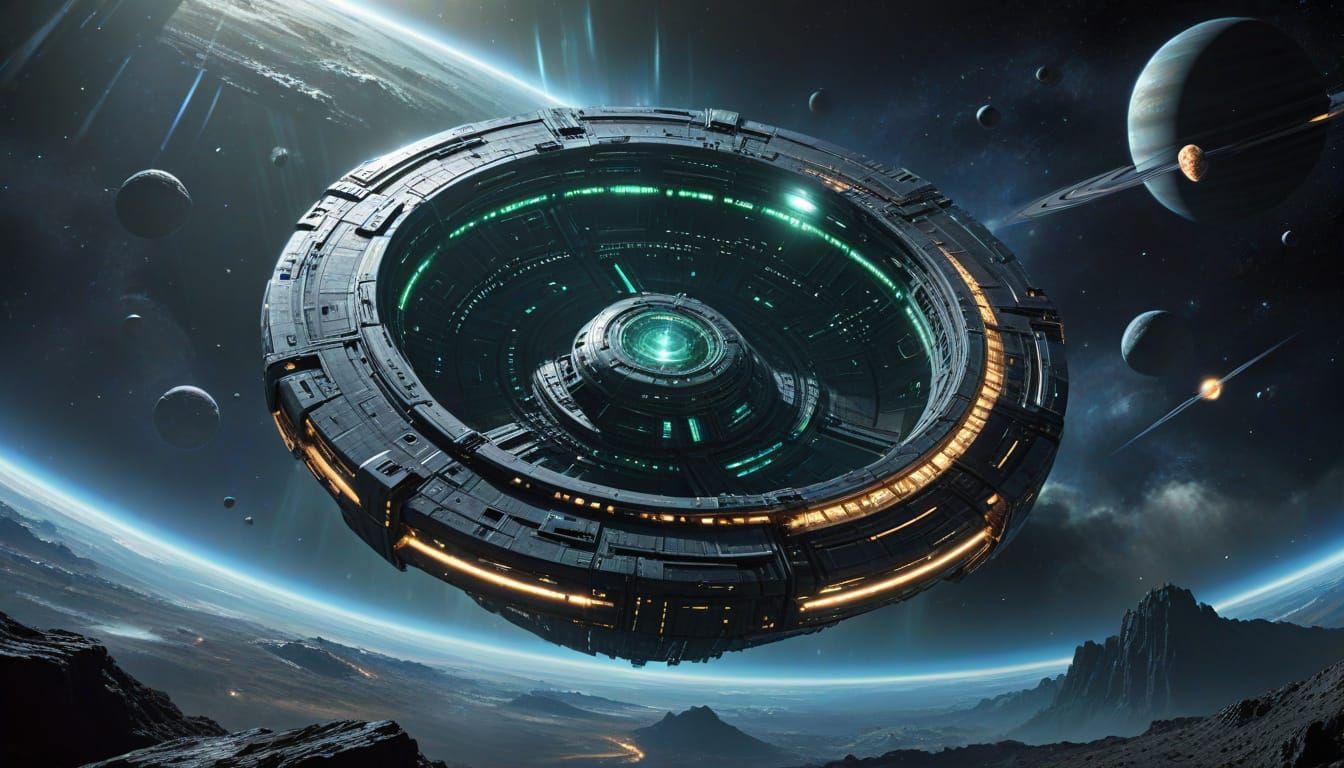 Borg Shield Amidst Saturn Rings in Epic Digital Painting