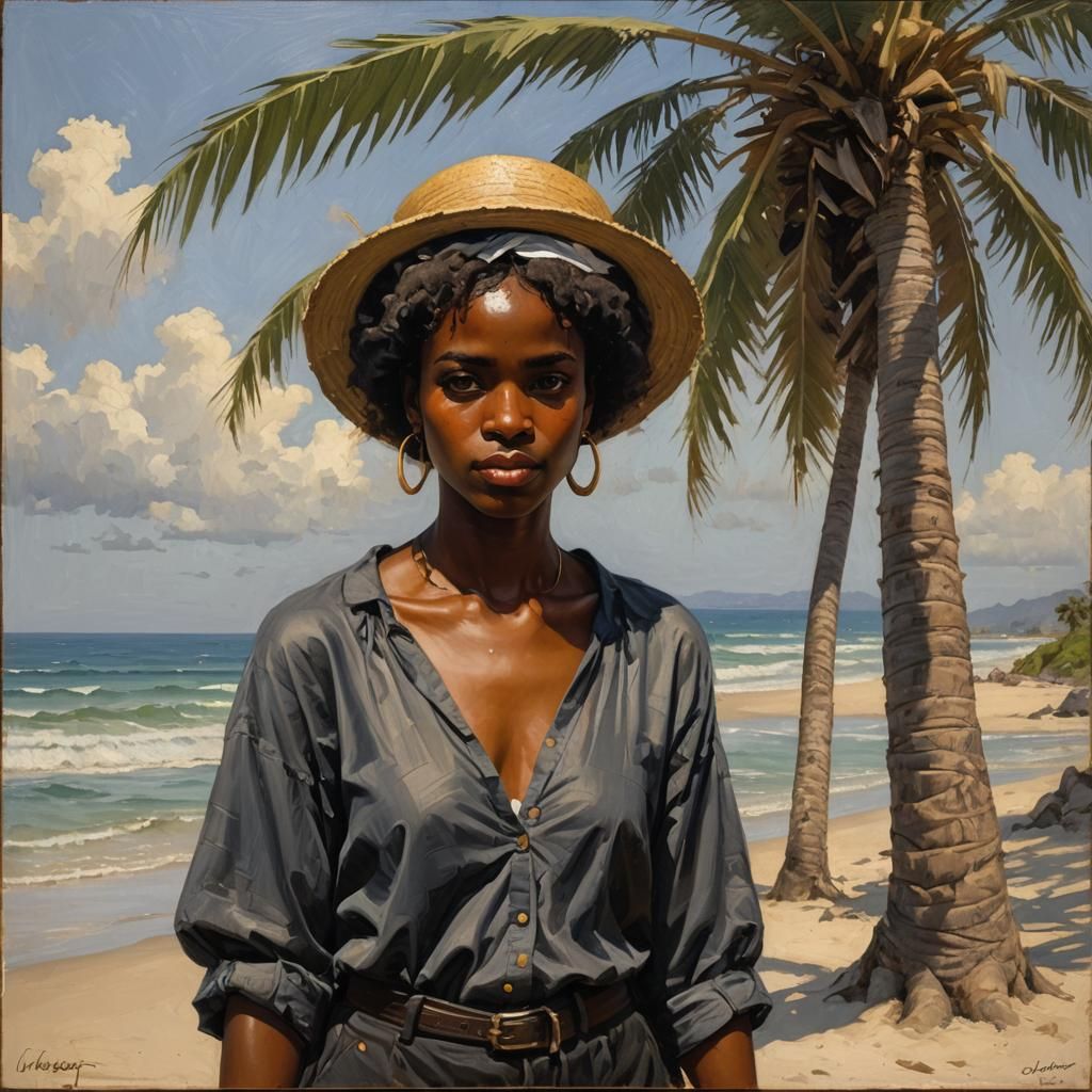 Black Girl at Beach: Oil Painting