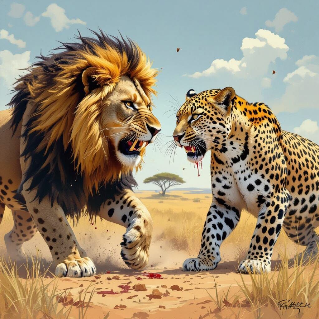 Lion and Leopard Clash in Gritty Savannah Scene