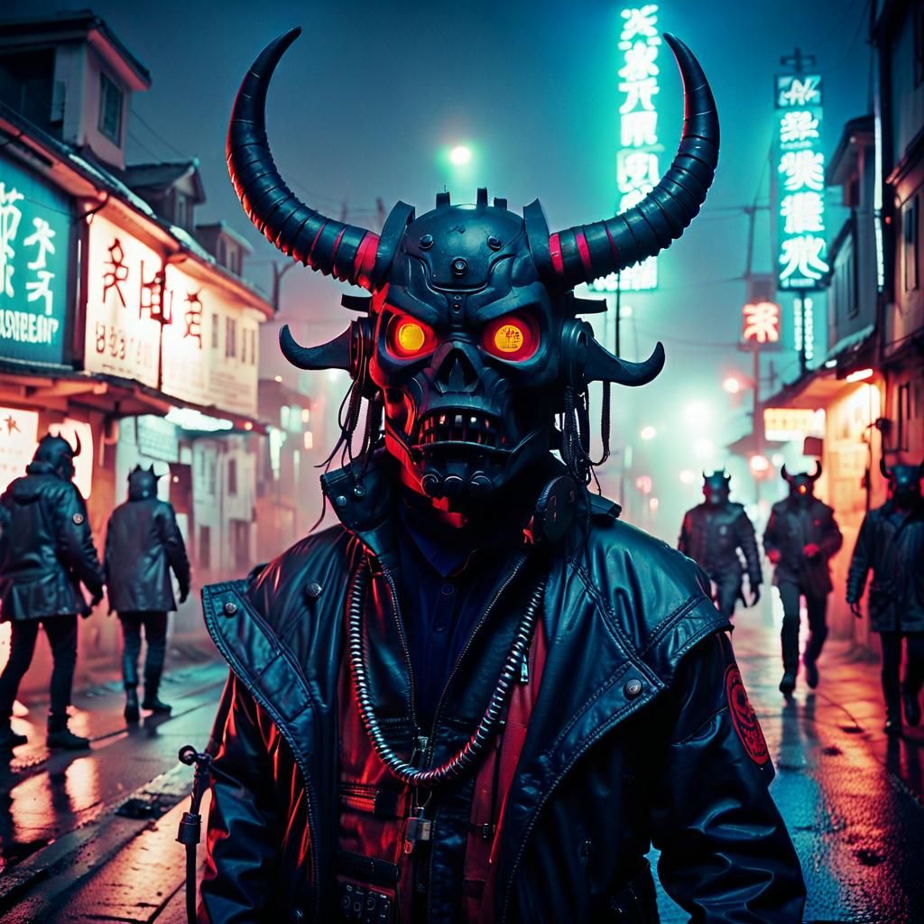 Cyberpunk Oni Demon in Decrepit Village at Night