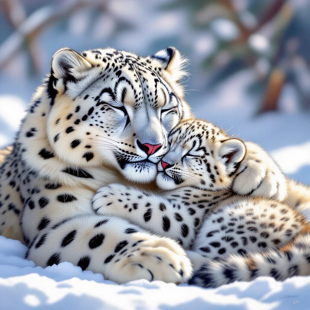 Heartwarming Snow Leopard and Cub in Snow Scene