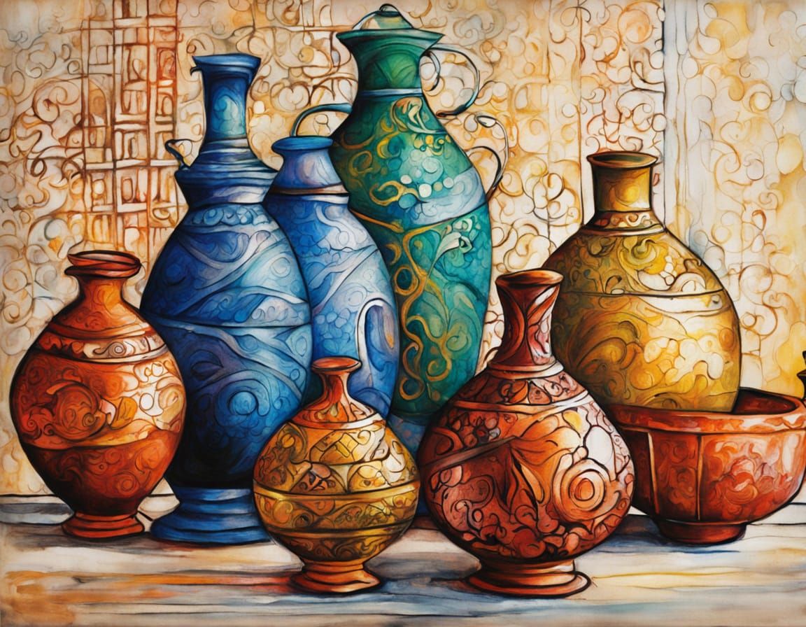 Ornate Middle Eastern Lanterns in Wax Crayon Art