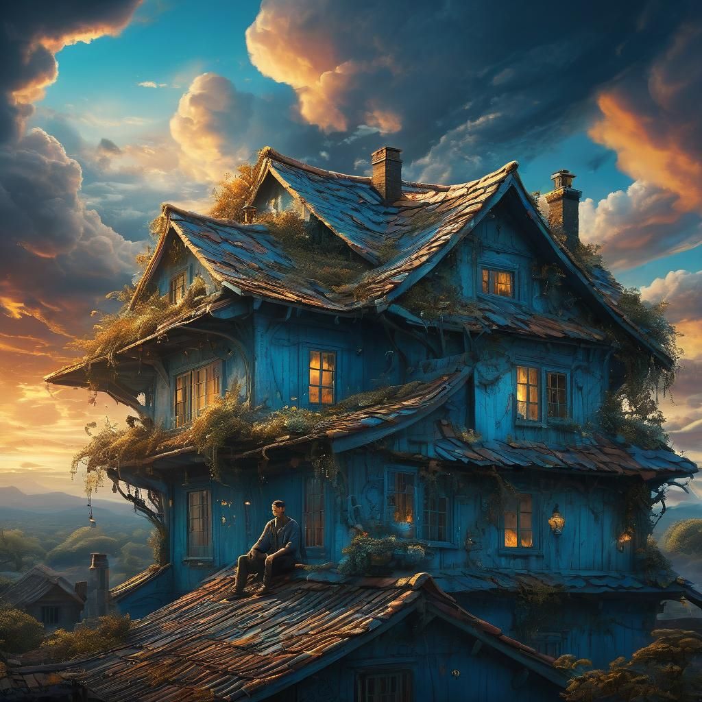 Whimsical Rooftop Fantasy in Impasto Style