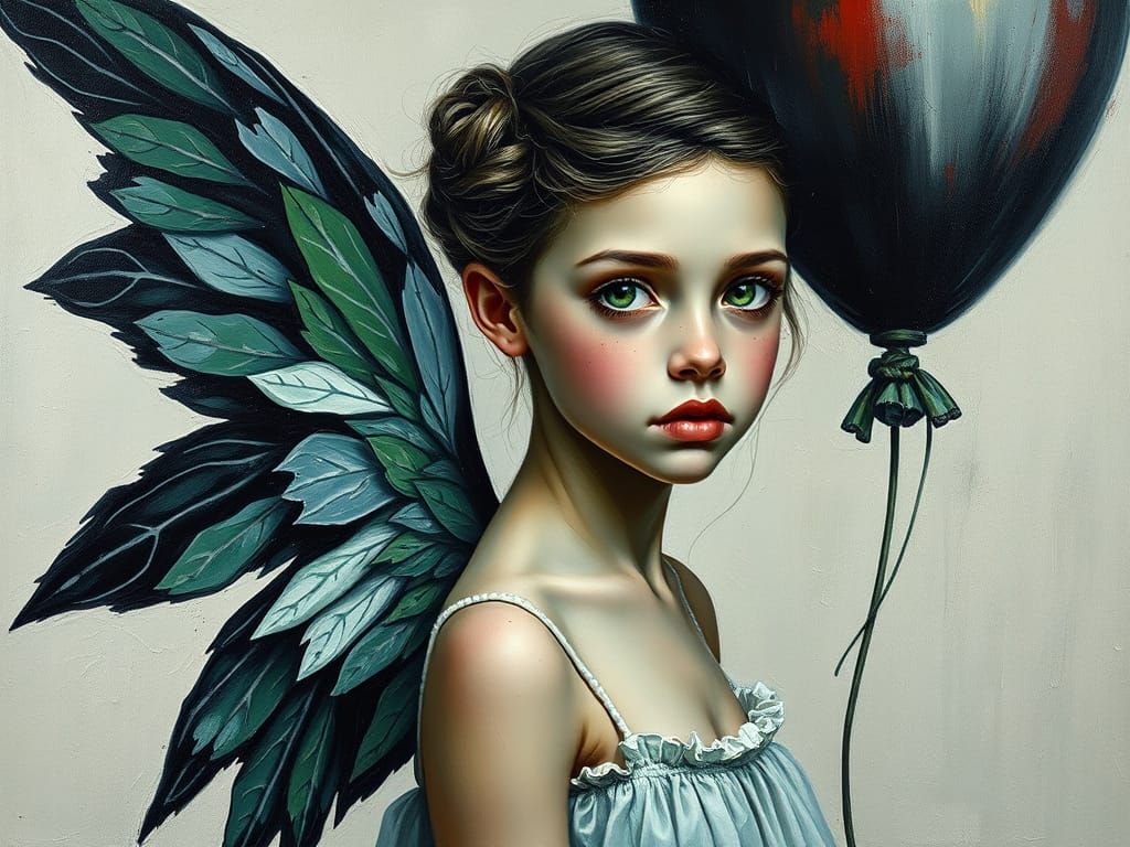 Ash Winged Woman in Impasto Oil Painting Style