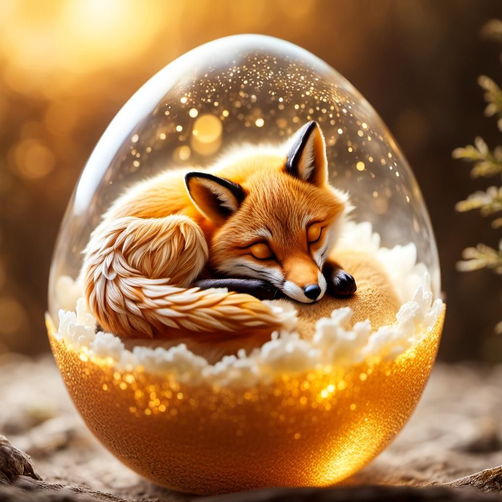 Baby Fox Dreamily Sleeps in Glass Egg