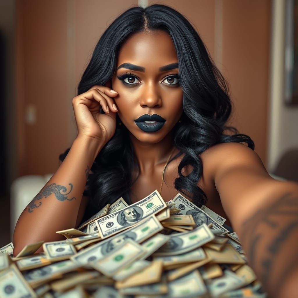 African-Cuban Woman Posing Flirtatiously on Money Pile