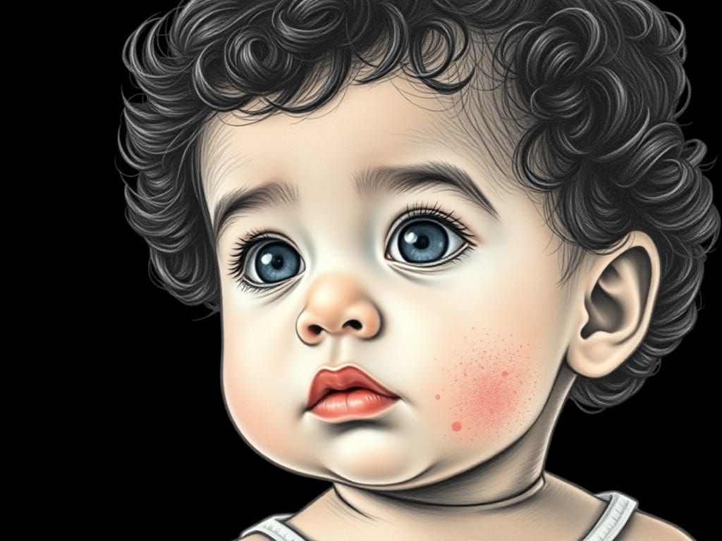 Minimalist Pencil Drawing of a Curly-Haired Baby with Huge G...