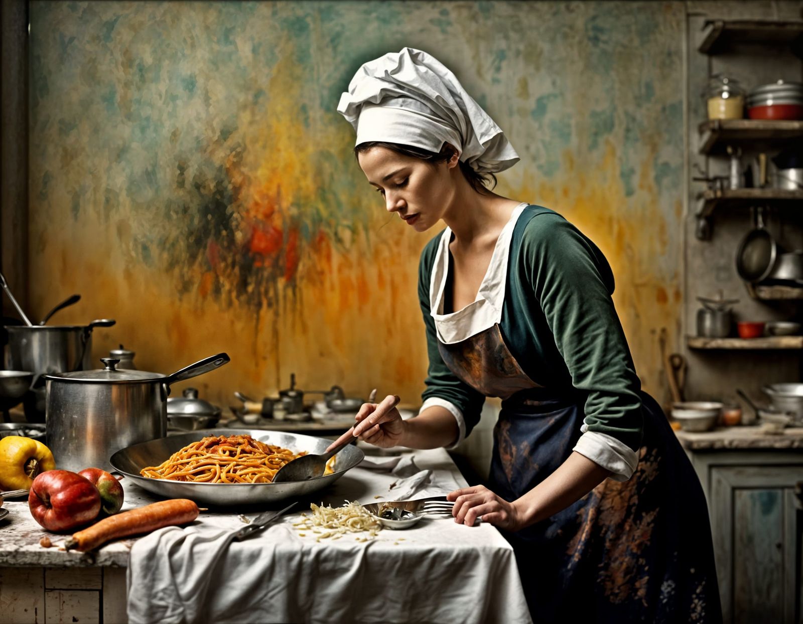 Women Making Dinner: Polychromatic Hyperrealistic Kitchen Sc...