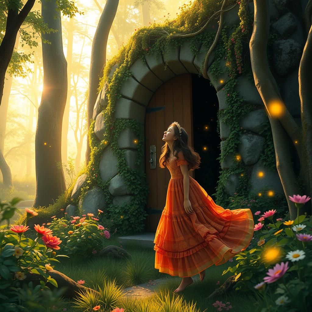 Whimsical Woman Discovers Ancient Doorway in Dreamy Forest