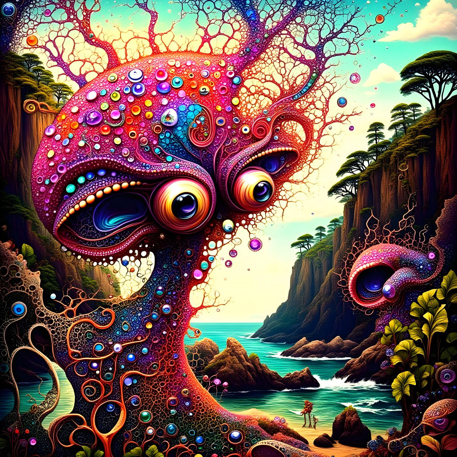 Psychedelic Botanical Landscape in Fractal Stippling Art