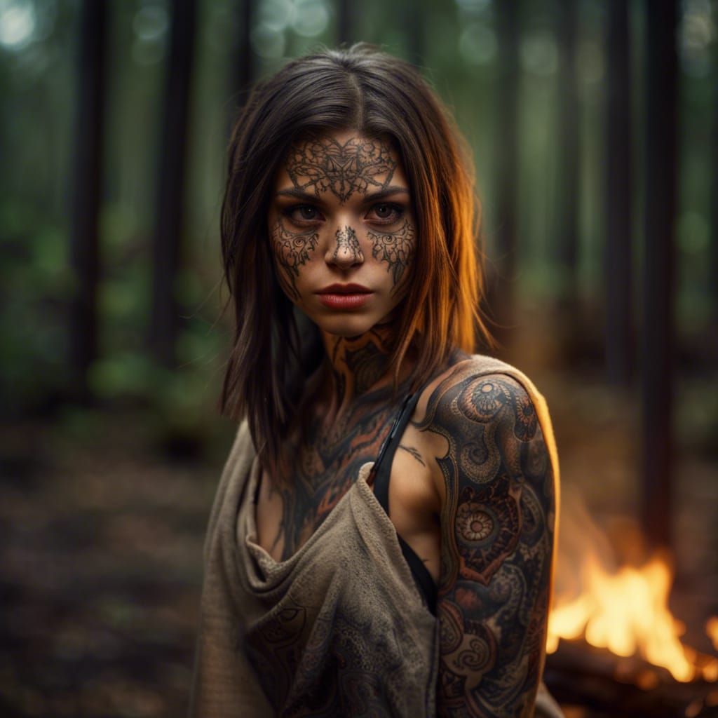 Primitive Woman Near Bonfire in Cinematic Light