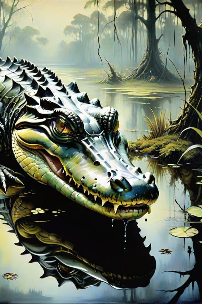 Haunted Swamp Alligator in Massurrealist Style