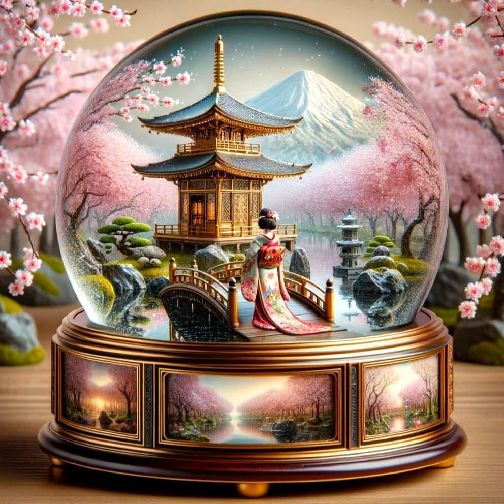 Japanese Garden Snow Globe with Geisha
