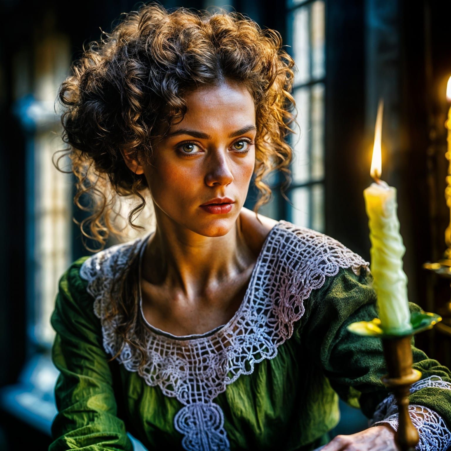 Brunette with Curls in 1625 Fashion, Expressionist Style