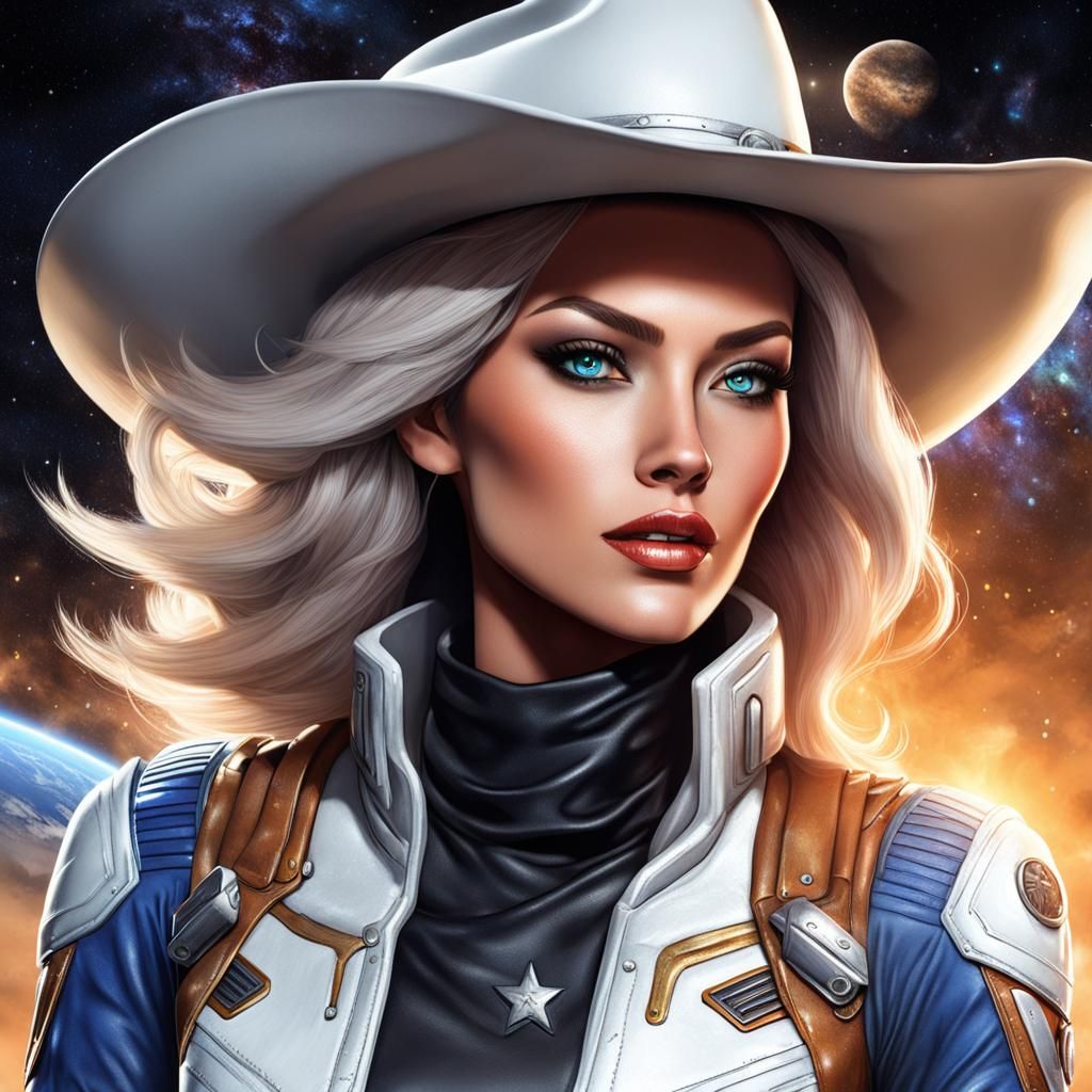 Beautiful Female Space Cowgirl in Sci-Fi Western Style