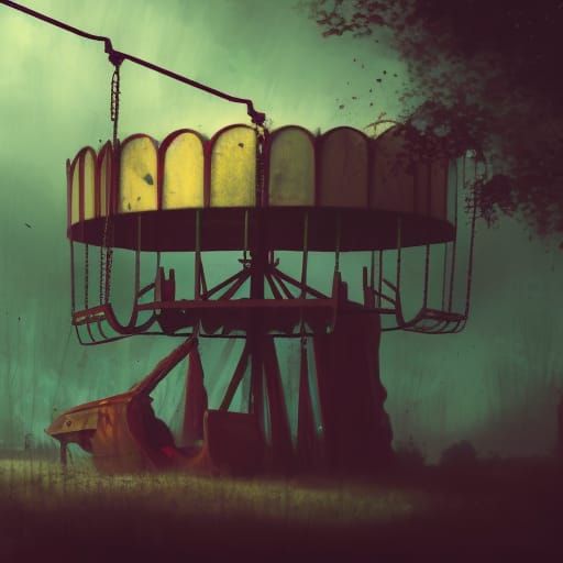 Eerie Abandoned Fairground Swing Ride in Matte Painting Styl...