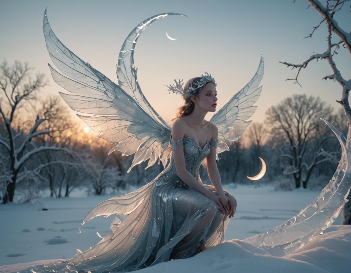 Ice Fairy on Crescent Moon in Winter Landscape
