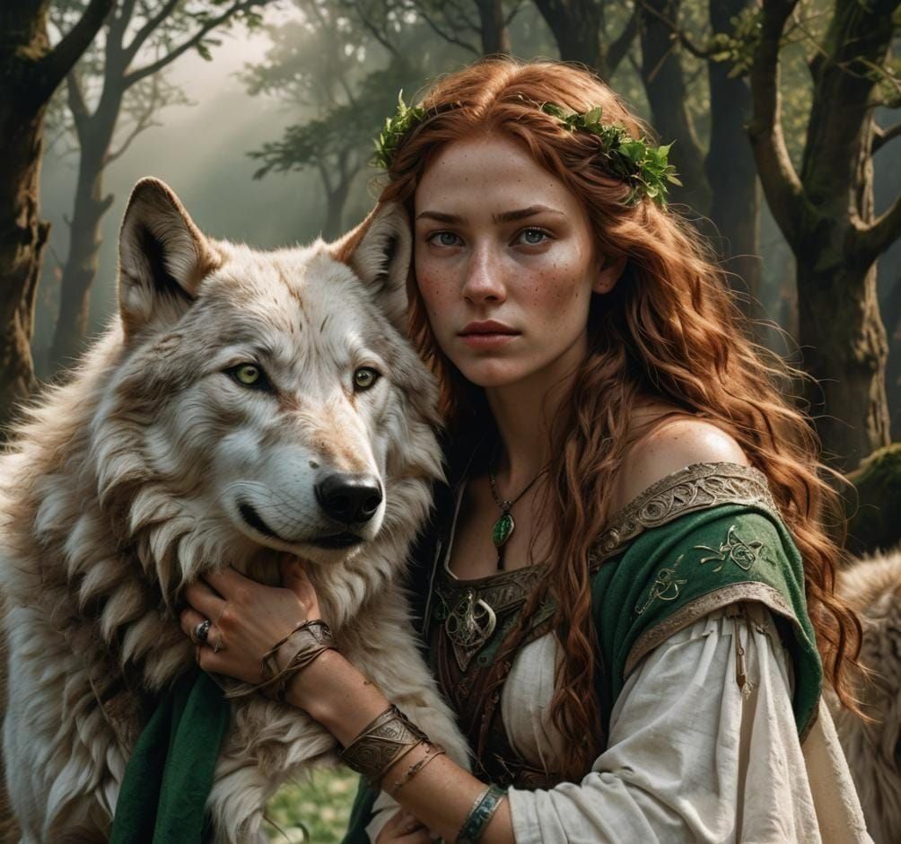 Druid Woman Embraces White Wolf in Forest