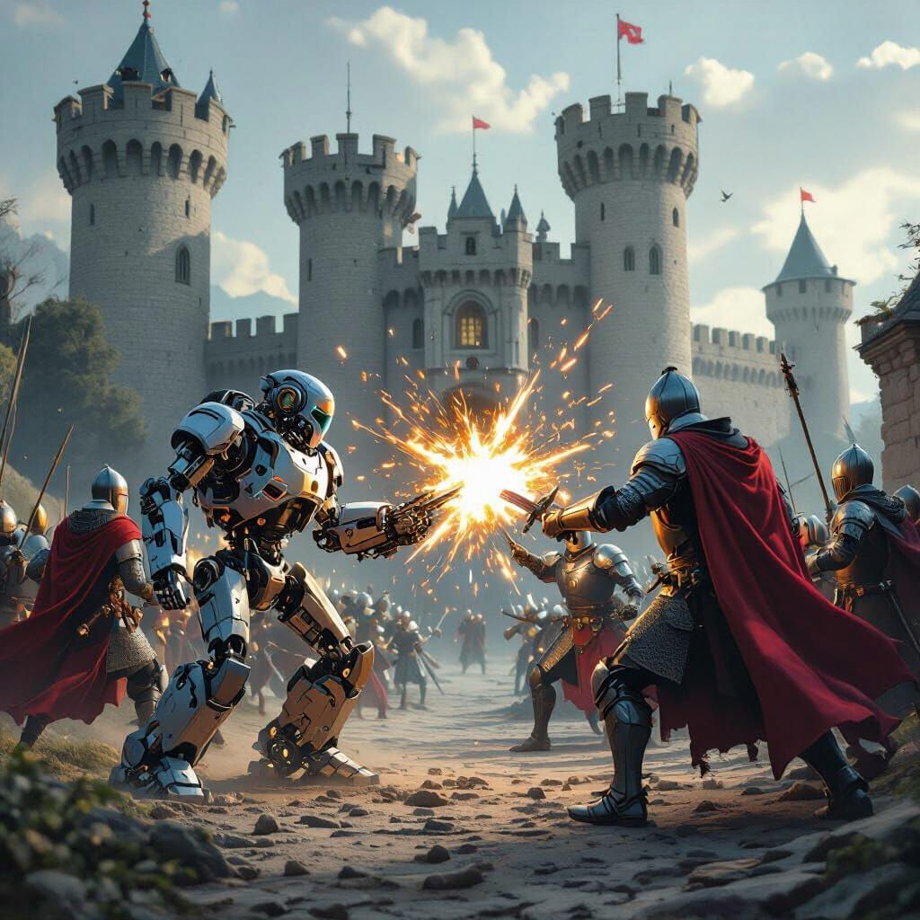 Robots Battle Knights Before a Castle
