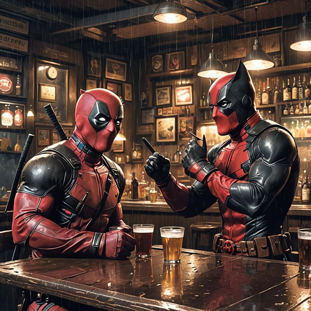 Deadpool and Wolverine at a Rainy Bar