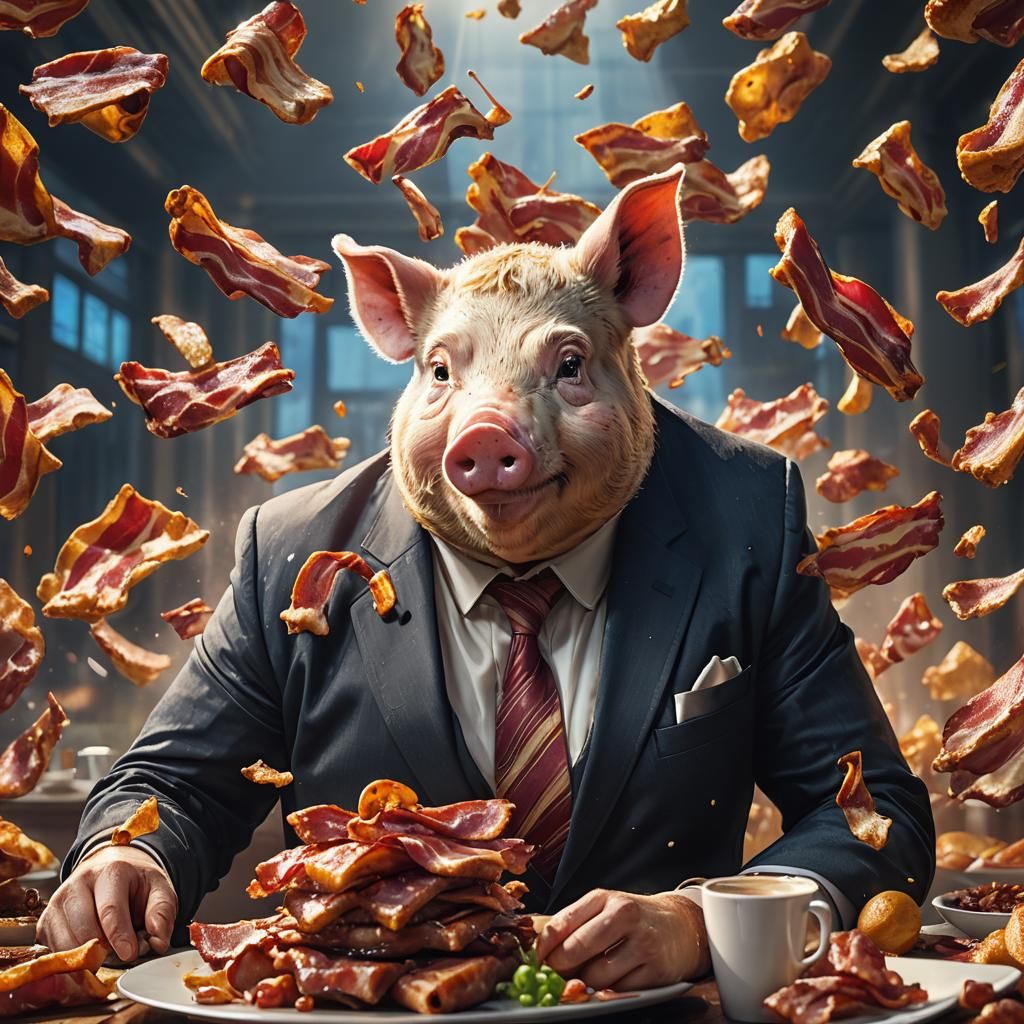Fat Pig Eating Bacon in Splash Art Style
