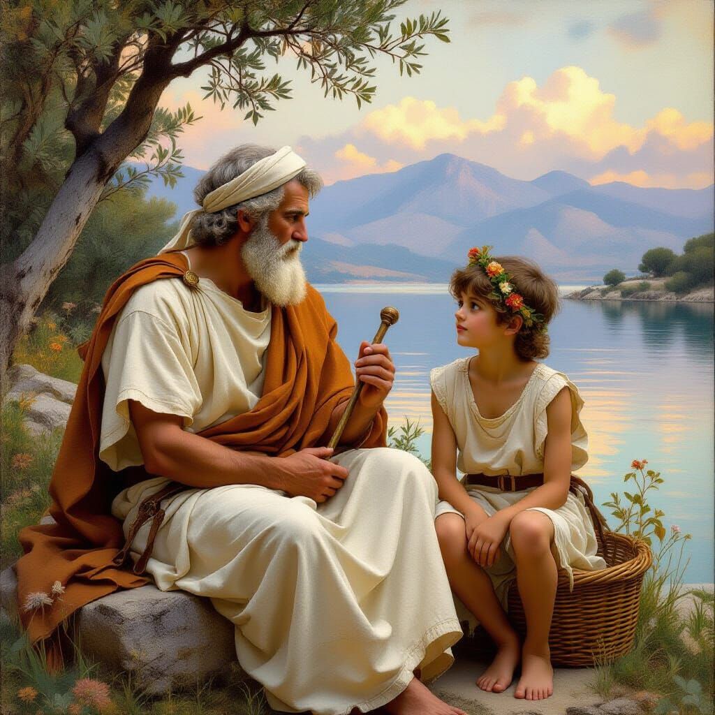 Greek Bard in a Golden Landscape: Oil Painting