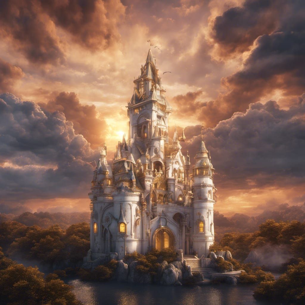 Heavenly White Castle at Sunset: Fantasy Concept Art