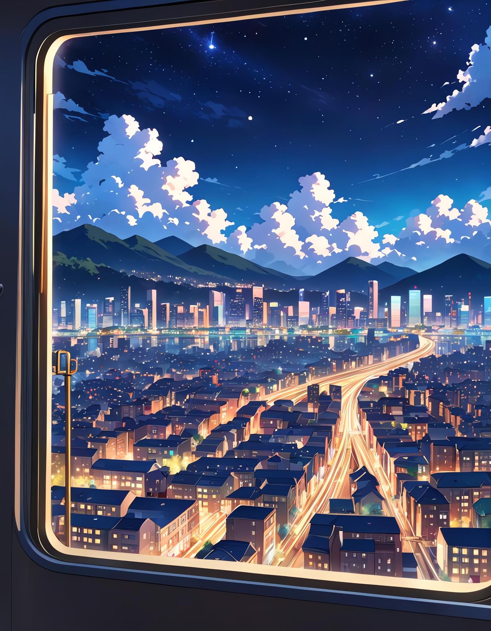 Night Cityscape View from Train Window