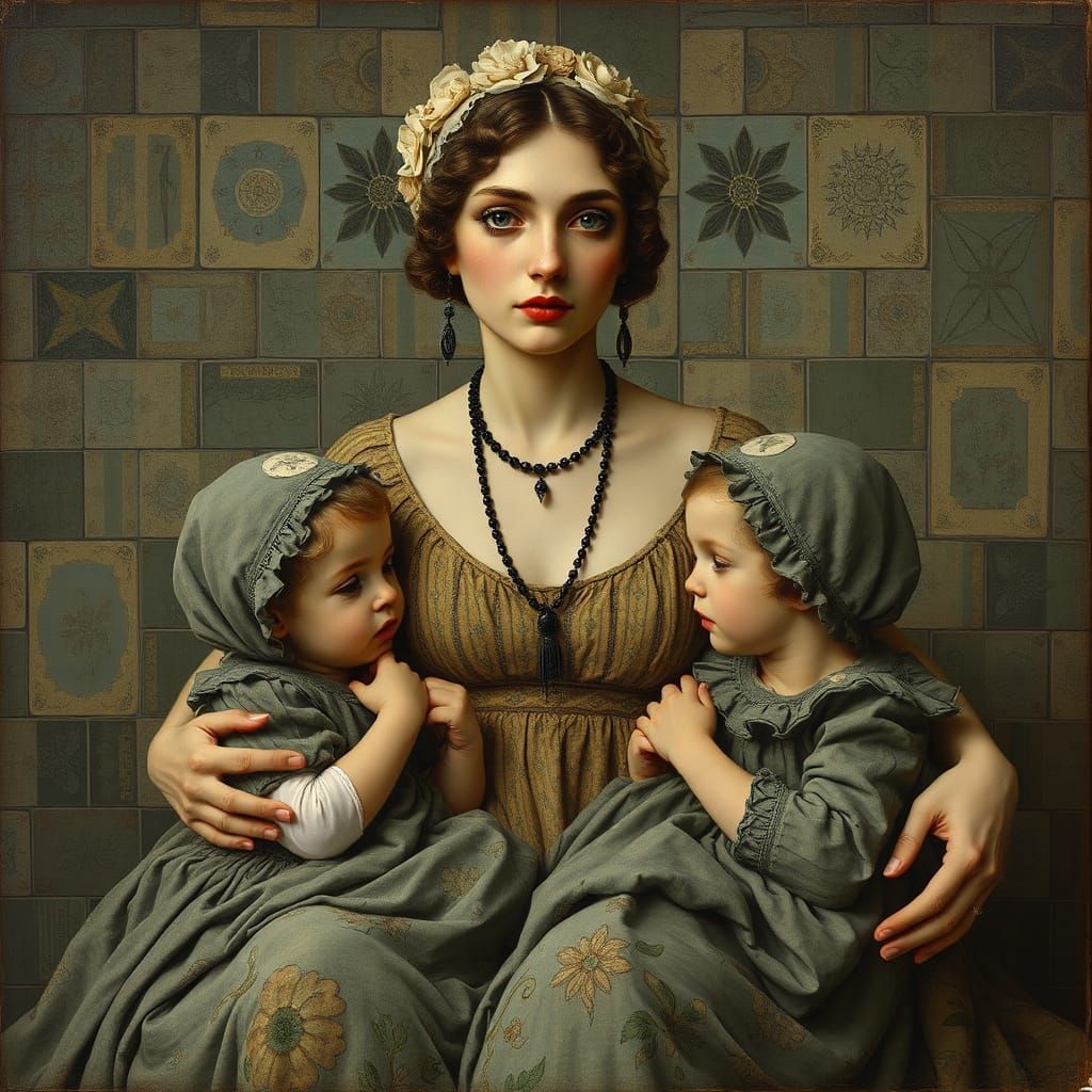 Eerie Nanny and Children Portrait in Ruins