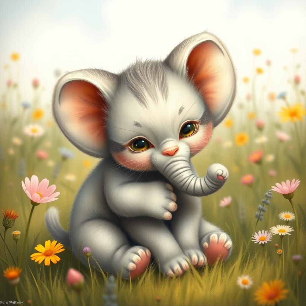 Whimsical Feline-Elephant Hybrid Plays in Colorful Meadow