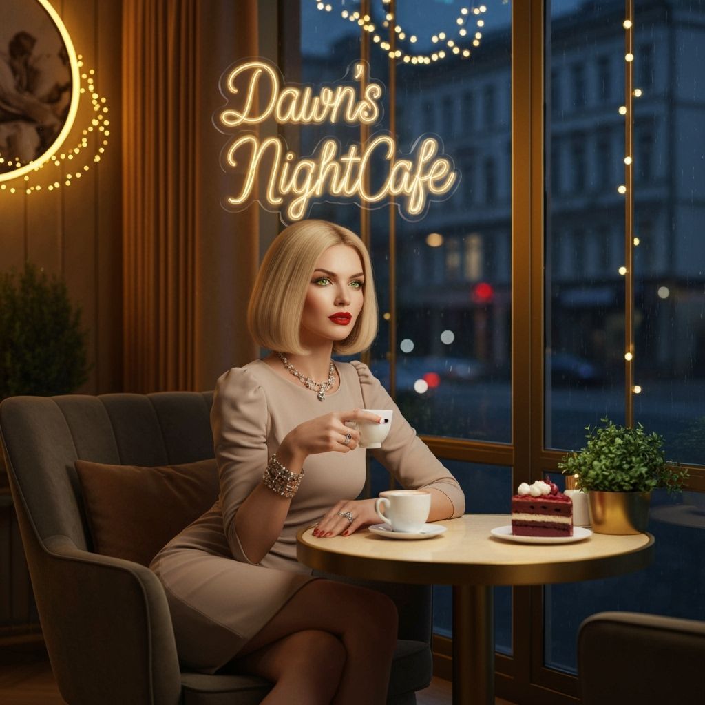 Sophisticated Woman Relaxing in Cozy Golden Cafe