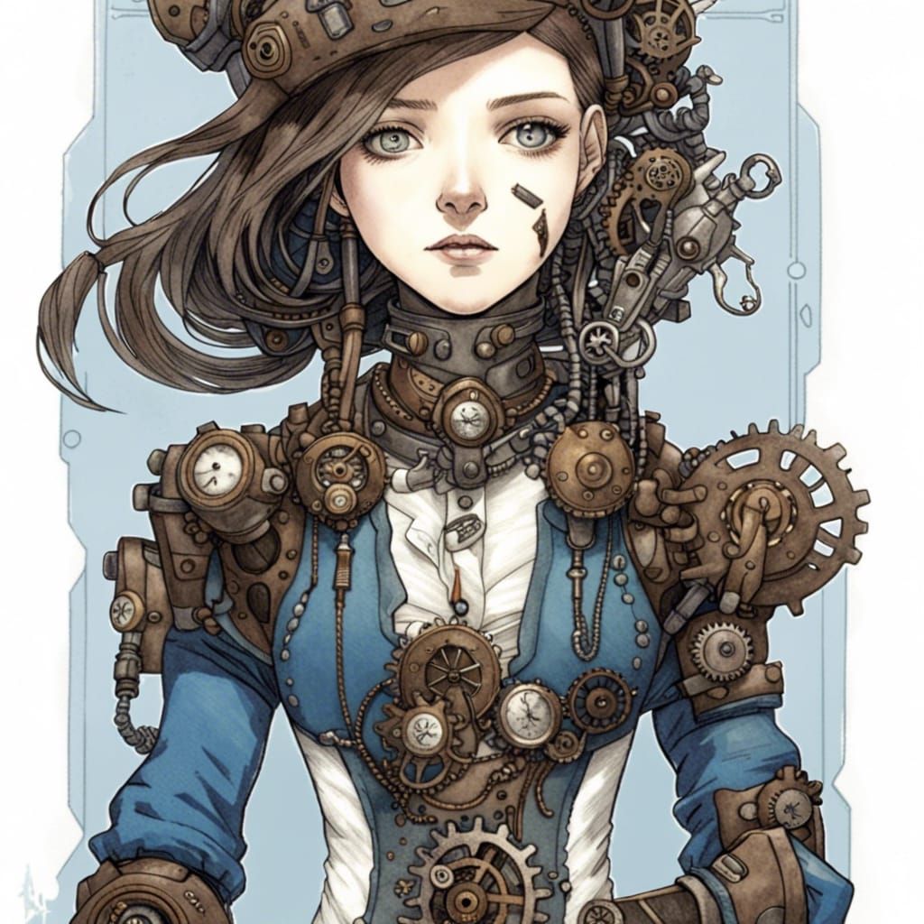 Steampunk Android Girl Portrait in Gouache Watercolors