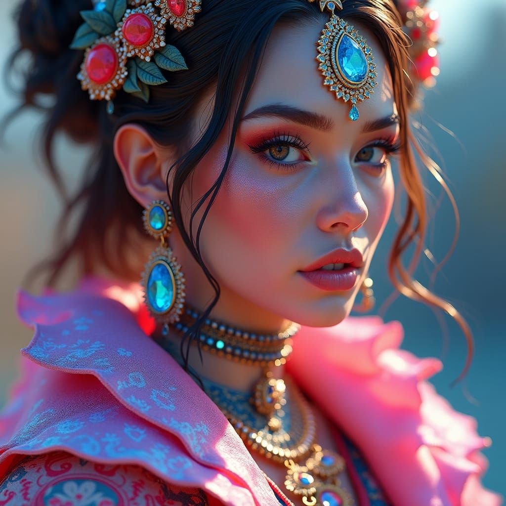 Futuristic Woman with Gemstone Jewelry in Fantasy Art Style