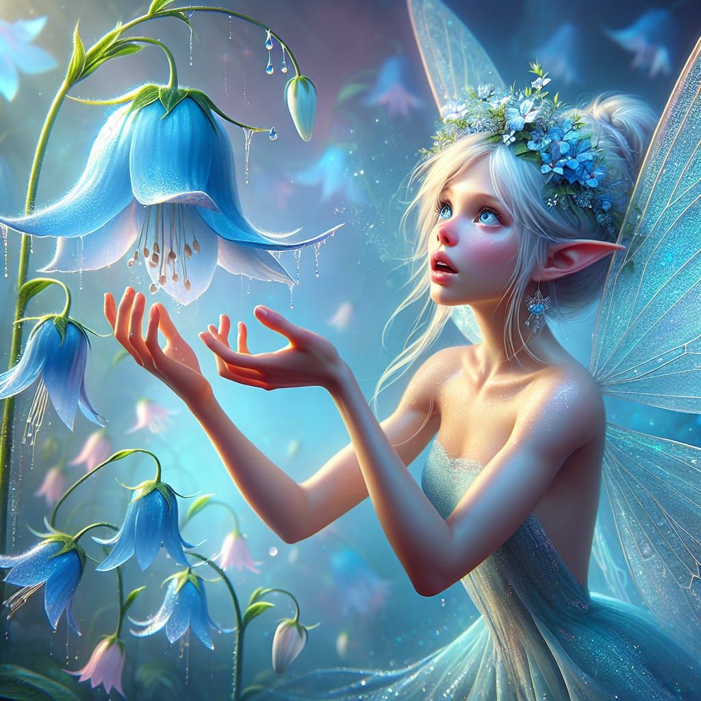 Fairy Reaching for Bellflower in Magical Blue Haze