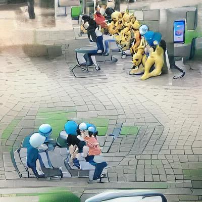 Humans and Pokemon in Anime Battle Scene