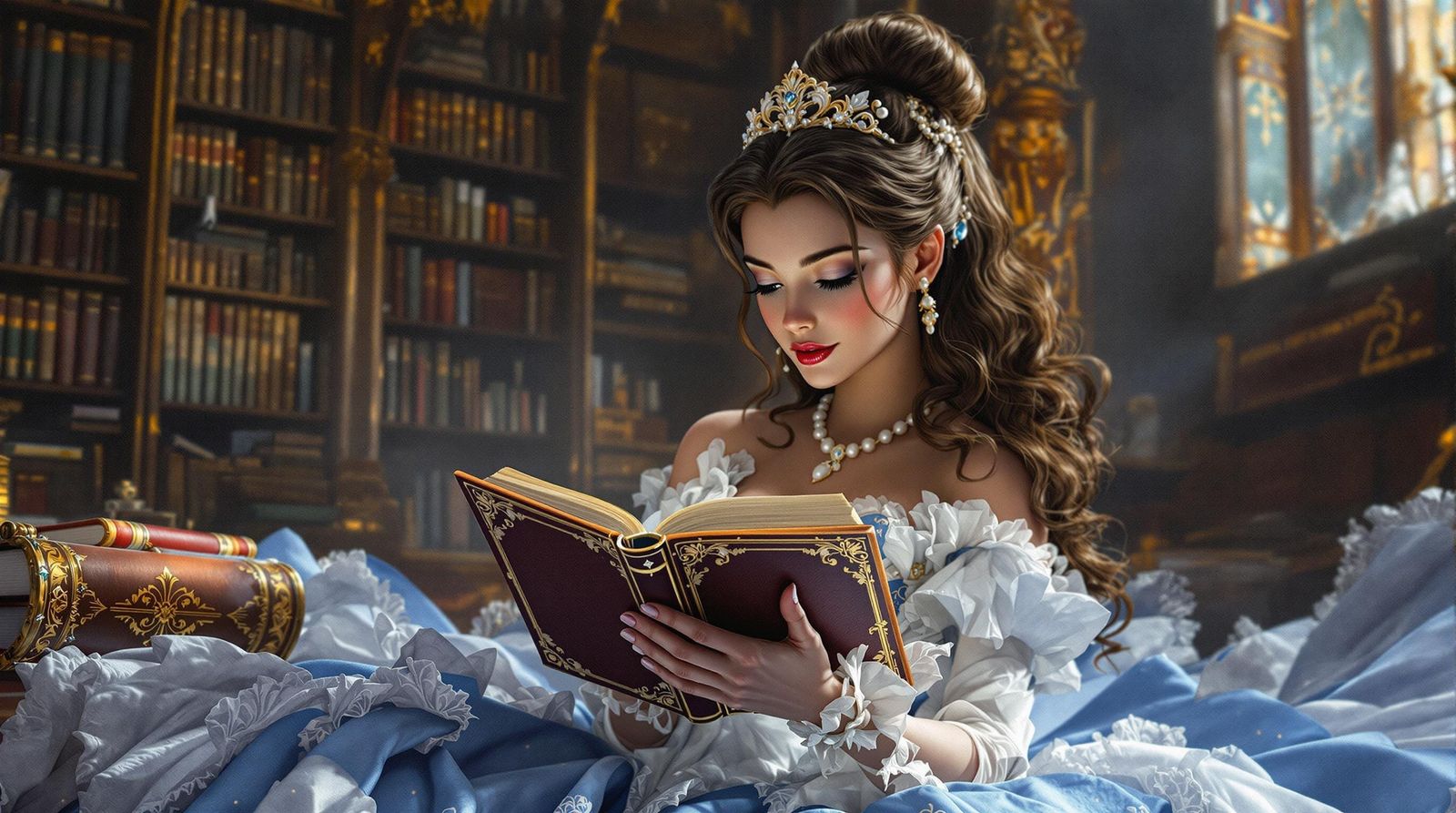 Fairytale Princess in Elegant Library Setting