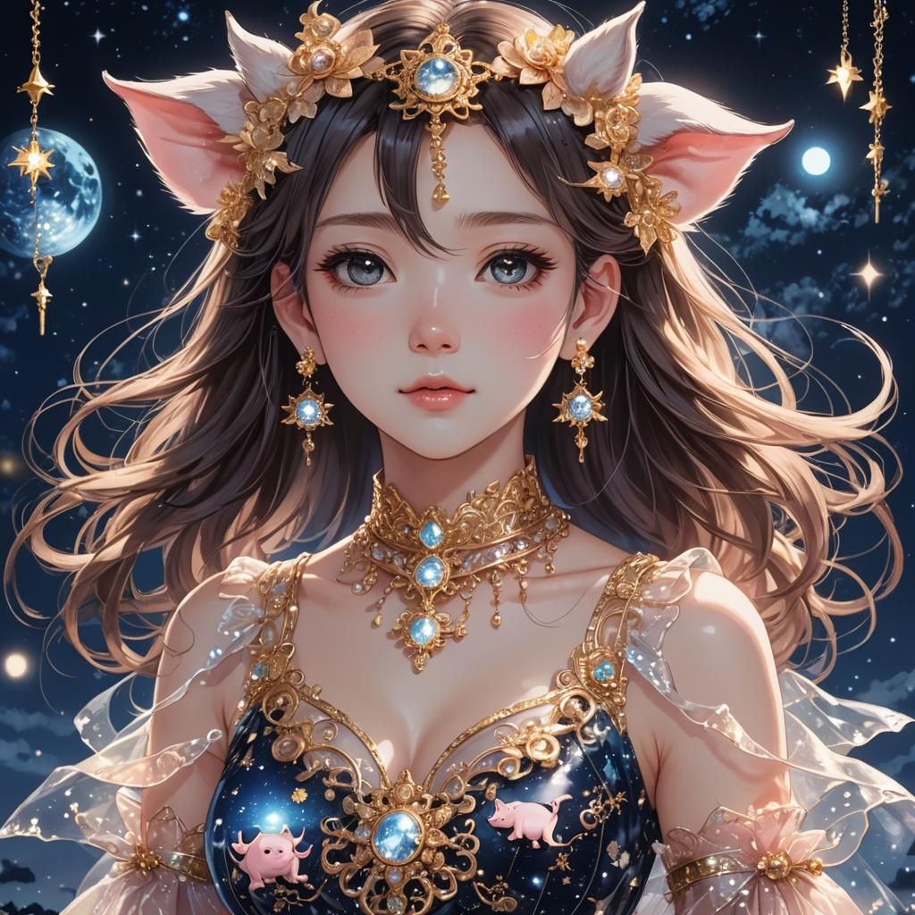 Anime Portrait: Lady in Pig Dress with Night Sky