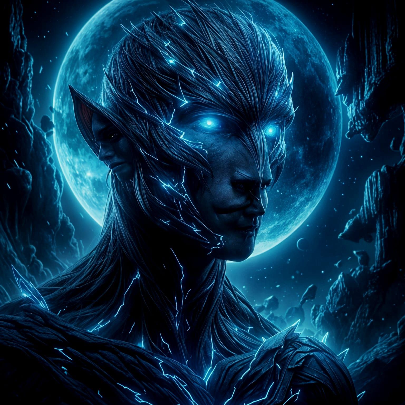 Blue Skinned Elf Hunts Under Giant Blue Moon