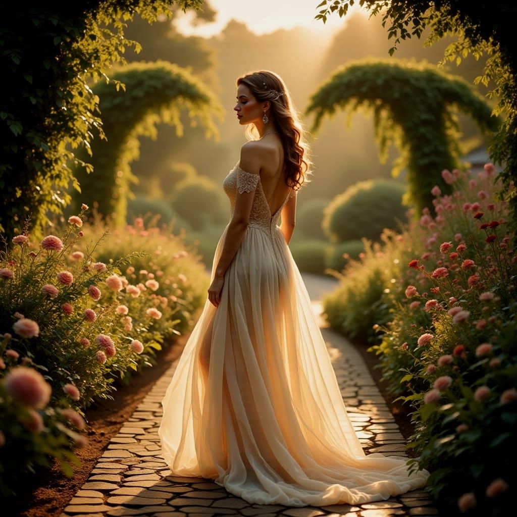 Elegant Woman in Sunlit Garden at Golden Hour