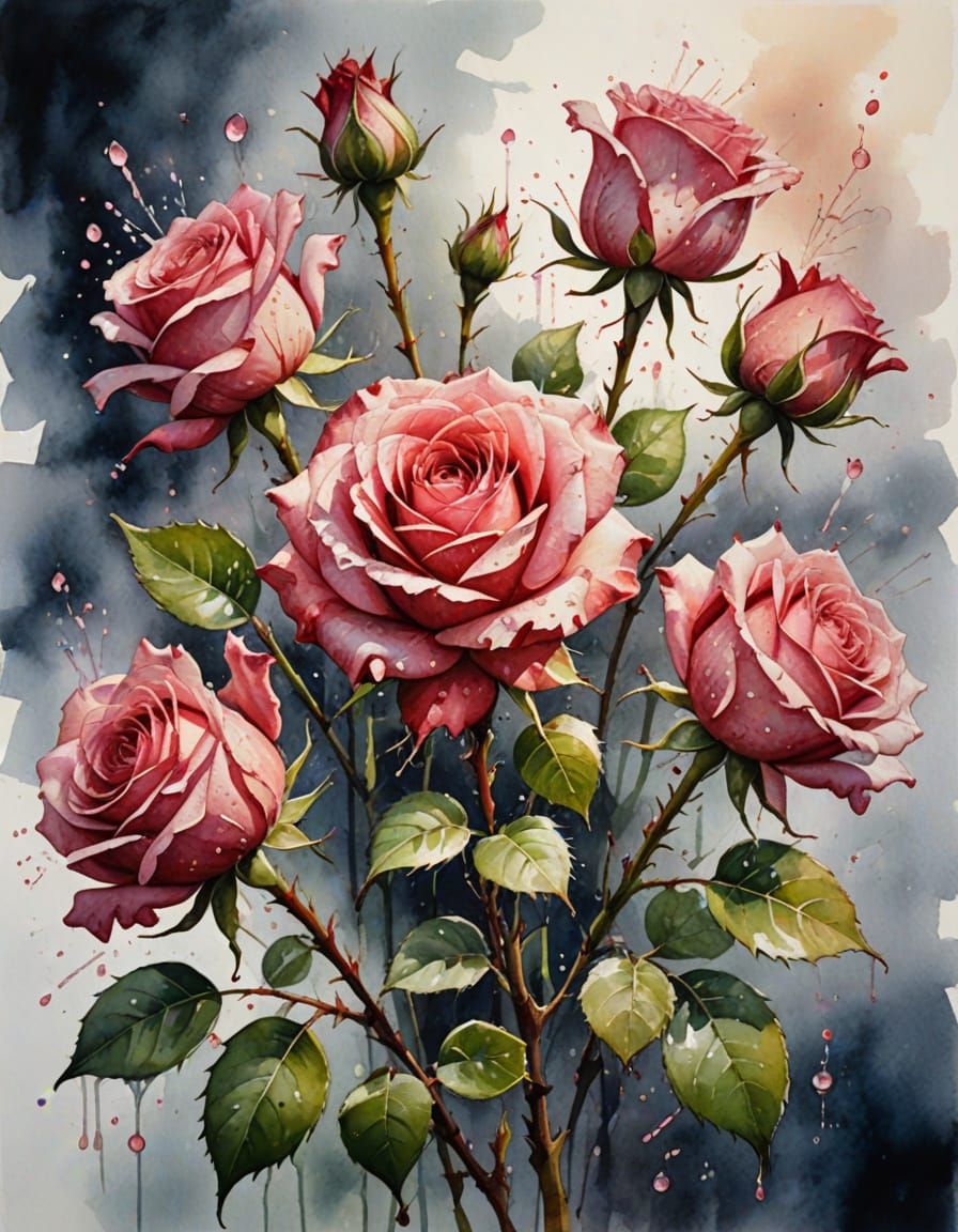 Pink Roses Oil Painting with Red Accents